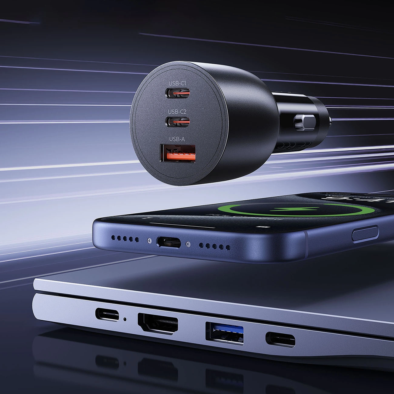 Orico PowerLink Autolader, 165W, 5A, 1 x USB-A - 2 x USB-C, Zwart