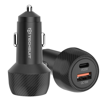 Auto-oplader Techsuit C7 CarbonVolt, 48W, 3A, 1 x USB-A - 1 x USB-C, Zwart
