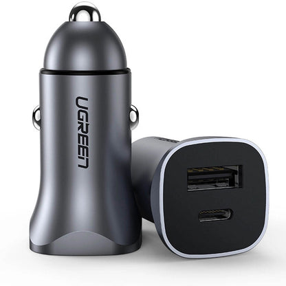 UGREEN CD130 Car Charger, 30W, 3A, 1 x USB-A - 1 x USB-C, Gray