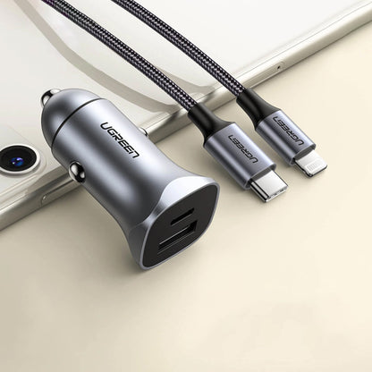 UGREEN CD130 Car Charger, 30W, 3A, 1 x USB-A - 1 x USB-C, Gray