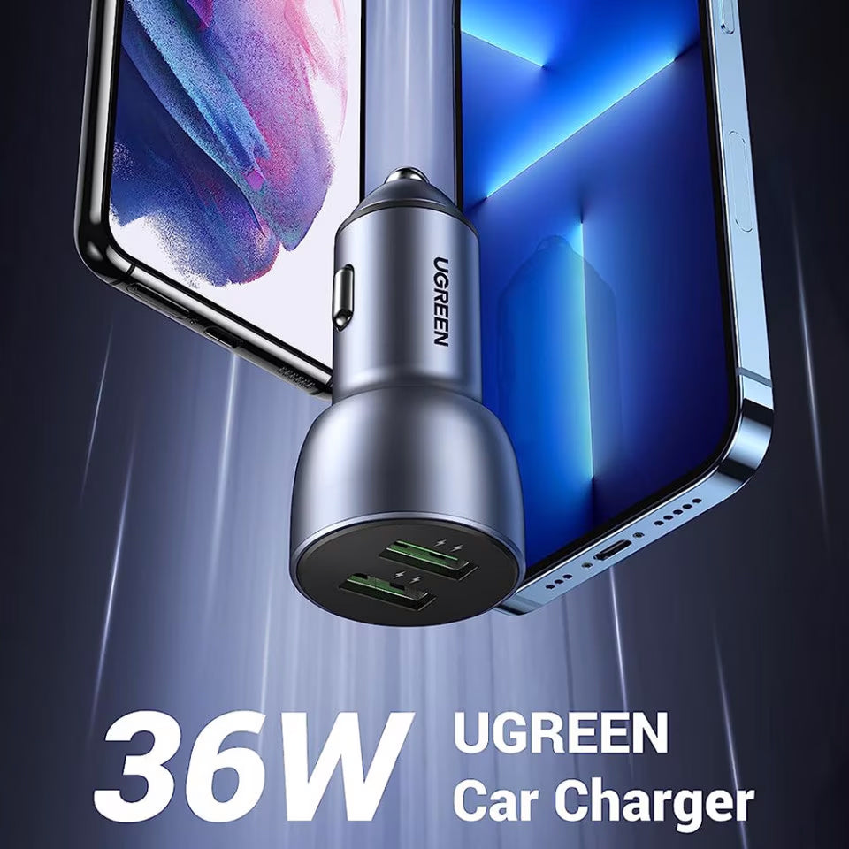 Autolader UGREEN CD213, 36W, 3A, 2 x USB-A, Grijs 
