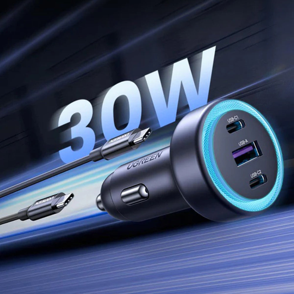UGREEN EC307 Auto-oplader, 30W, 3A, 1 x USB-A - 2 x USB-C, Gri