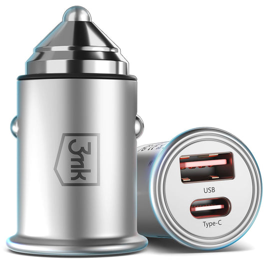 3MK HyperCharger Car Charger, 30W, 5A, 1 x USB-A - 1 x USB-C, Silver