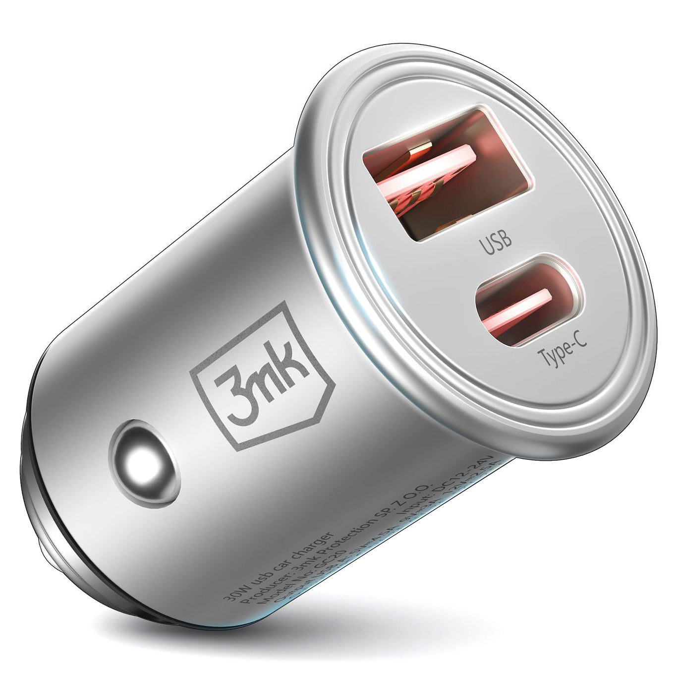 3MK HyperCharger Car Charger, 30W, 5A, 1 x USB-A - 1 x USB-C, Silver