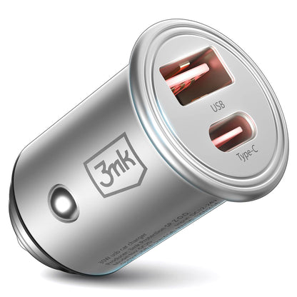 3MK HyperCharger Car Charger, 30W, 5A, 1 x USB-A - 1 x USB-C, Silver