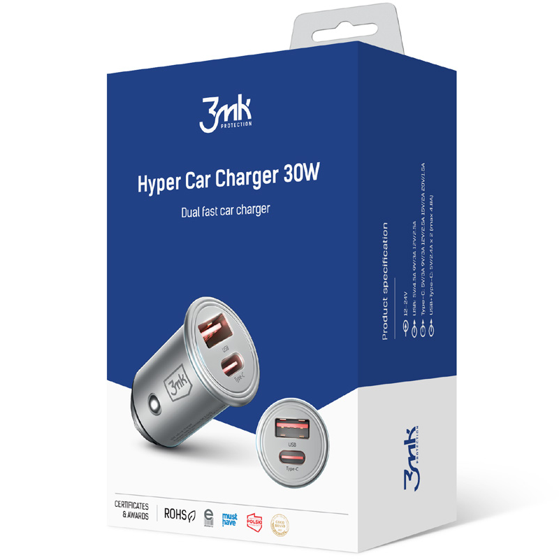 3MK HyperCharger Car Charger, 30W, 5A, 1 x USB-A - 1 x USB-C, Silver