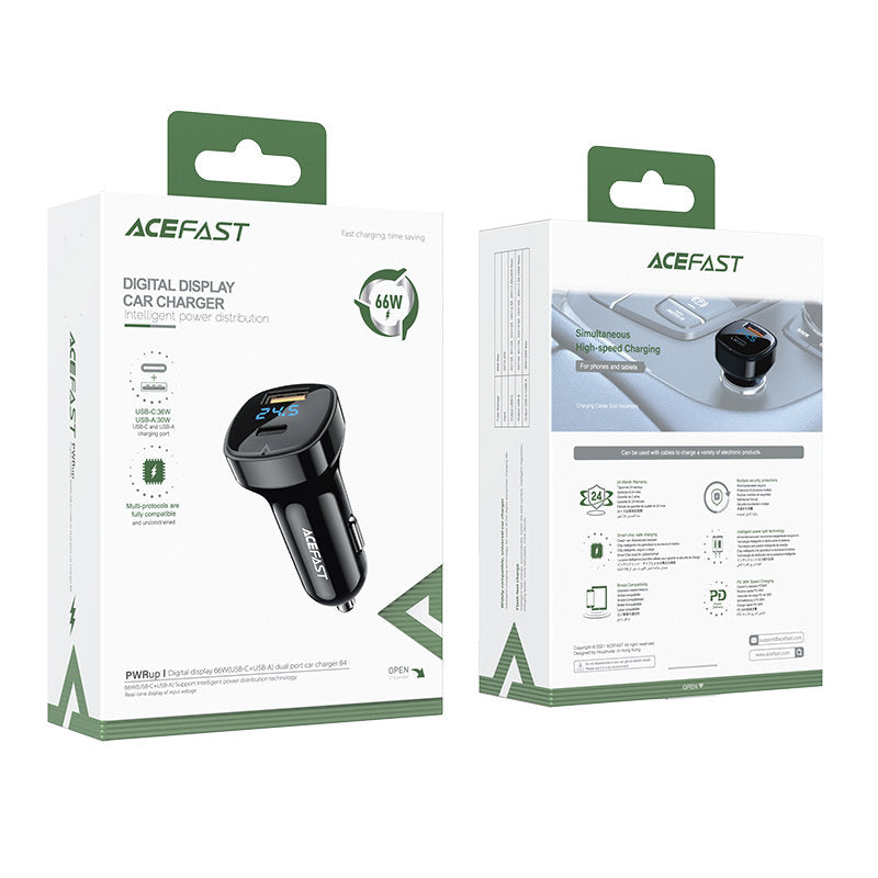 Auto-oplader Acefast B4, 66W, 3A, 1 x USB-A - 1 x USB-C, Zwart