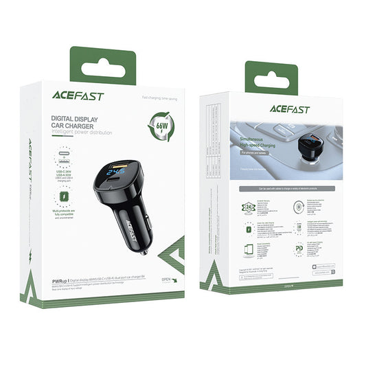 Auto-oplader Acefast B4, 66W, 3A, 1 x USB-A - 1 x USB-C, Zwart