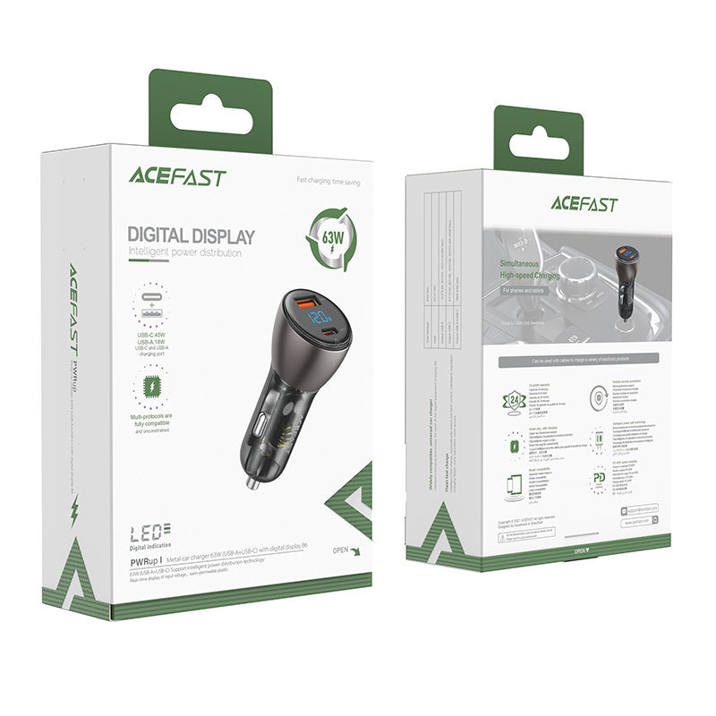 Acefast Auto-oplader B6, 63W, 3.6A, 1 x USB-A - 1 x USB-C, Zwart
