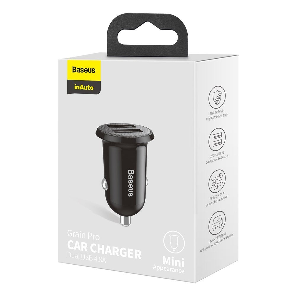 Baseus Grain Pro Car Charger, 24W, 2.4A, 2 x USB-A, Black CCALLP-01