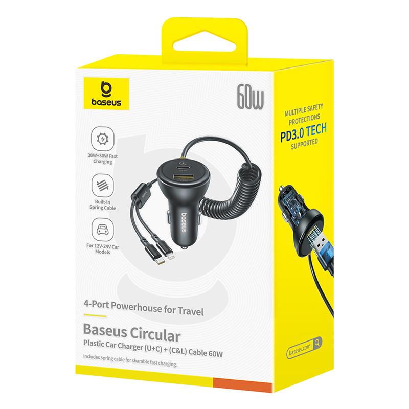 Auto-oplader met USB-C / Lightning-kabel Baseus Circular, 60W, 3A, 1 x USB-A - 1 x USB-C, Zwart C00035902121-00