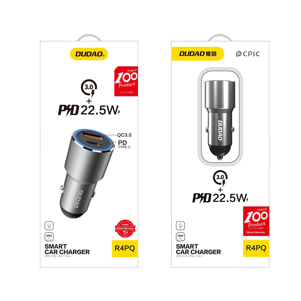 USB Autolader Dudao R4PQ, 1 X USB - 1 X USB Type-C, 22,5 W, Quick Charge - Power Delivery, Grijs