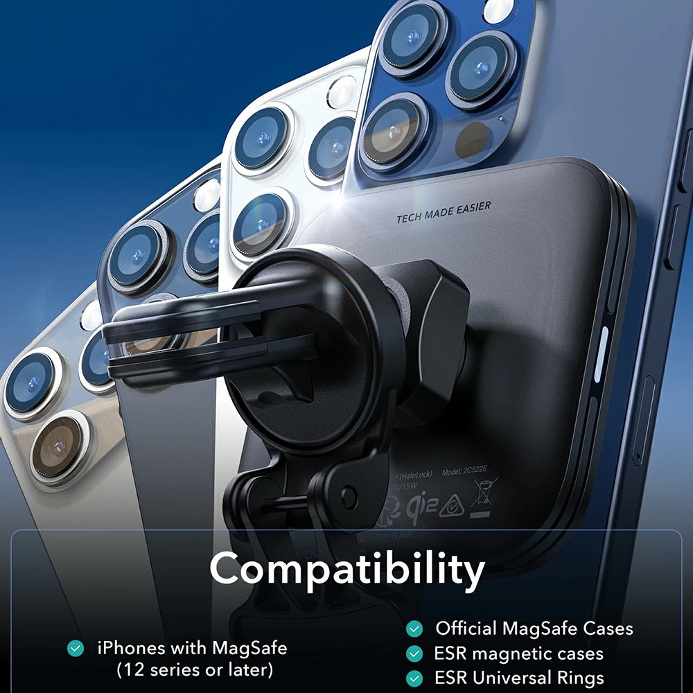 Draadloze Auto Oplader ESR HaloLock Vent, 15W, 1.67A, Zwart