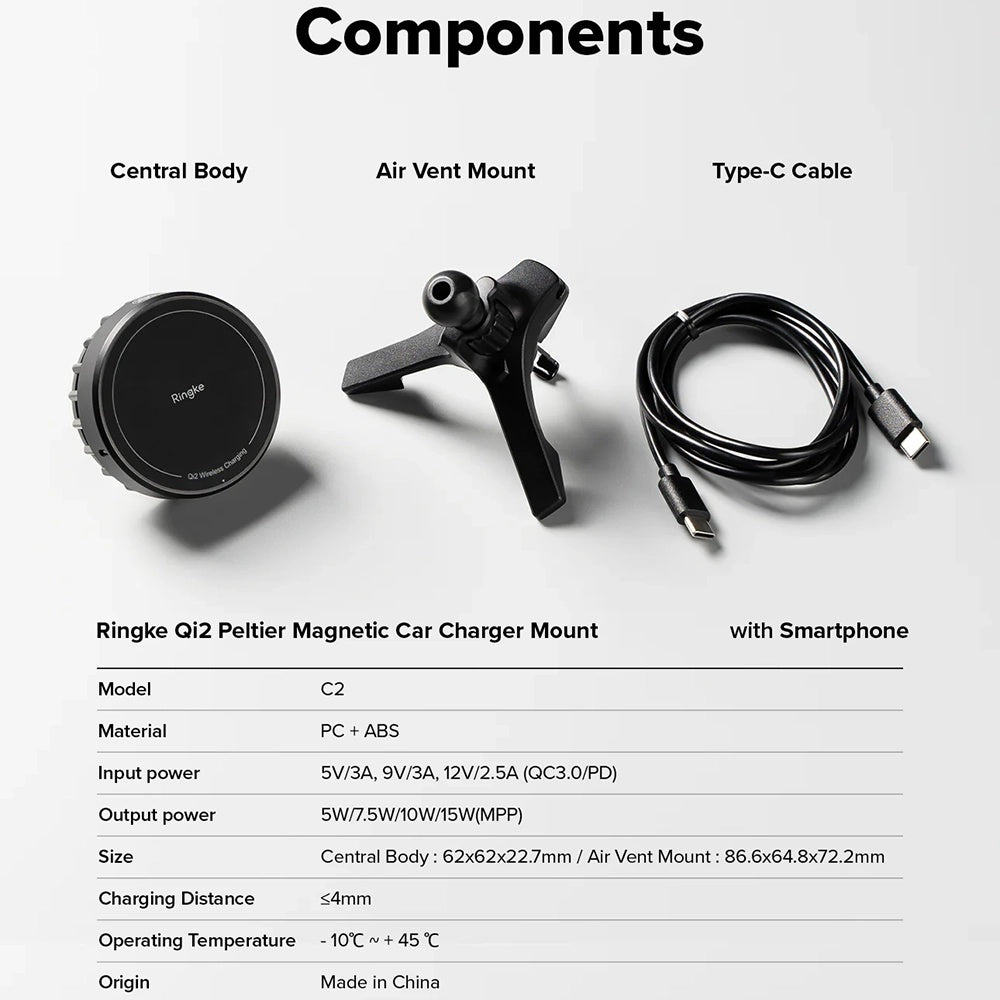 Draadloze Auto Oplader Ringke, 15W, 1.67A, Zwart