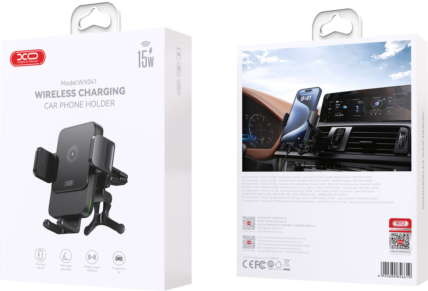 Draadloze Auto Oplader XO Design WX041 Vent, 15W, 1.67A, Zwart