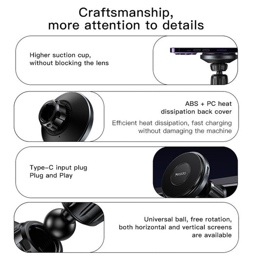 Draadloze Auto Oplader Yesido C190, 15W, 1.67A, Zwart