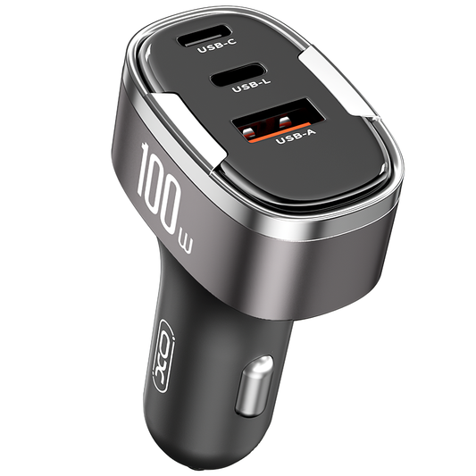 Auto Oplader XO Design CC61, 100W, 3A, 1 x Lightning - 1 x USB-A - 1 x USB-C, Gri