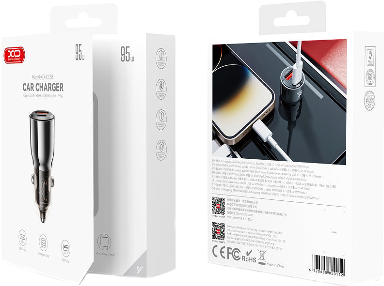 Autolader XO Design CC58, 95W, 3.25A, 1 x USB-A - 1 x USB-C, Zwart