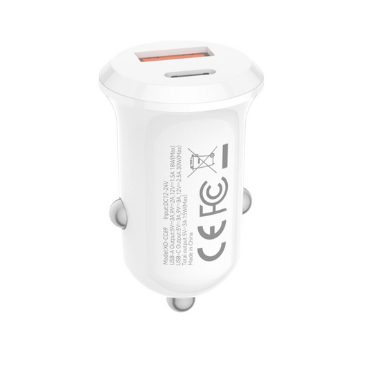 Auto Oplader XO Design CC69, 30W, 3A, 1 x USB-A - 1 x USB-C, Wit