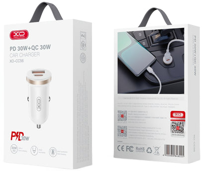 Auto Oplader XO Design CC56, 30W, 3A, 1 x USB-A - 1 x USB-C, Wit