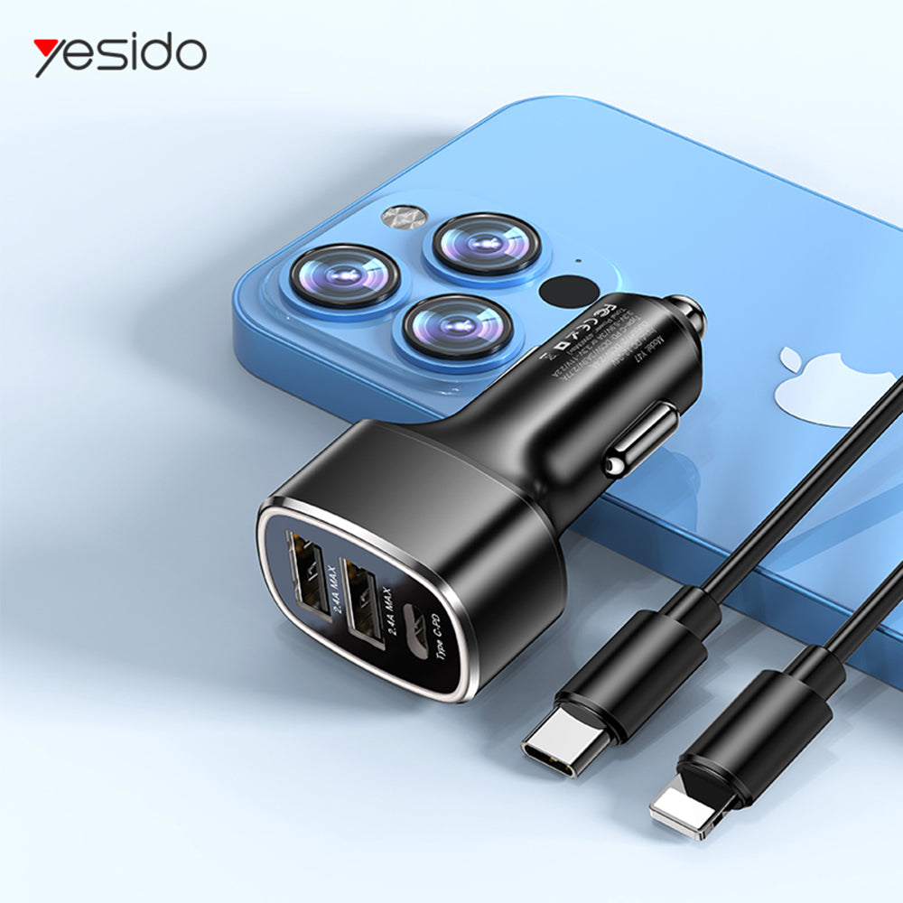 Auto-oplader Yesido Y47, 49W, 3A, 2 x USB-A - 1 x USB-C, Zwart