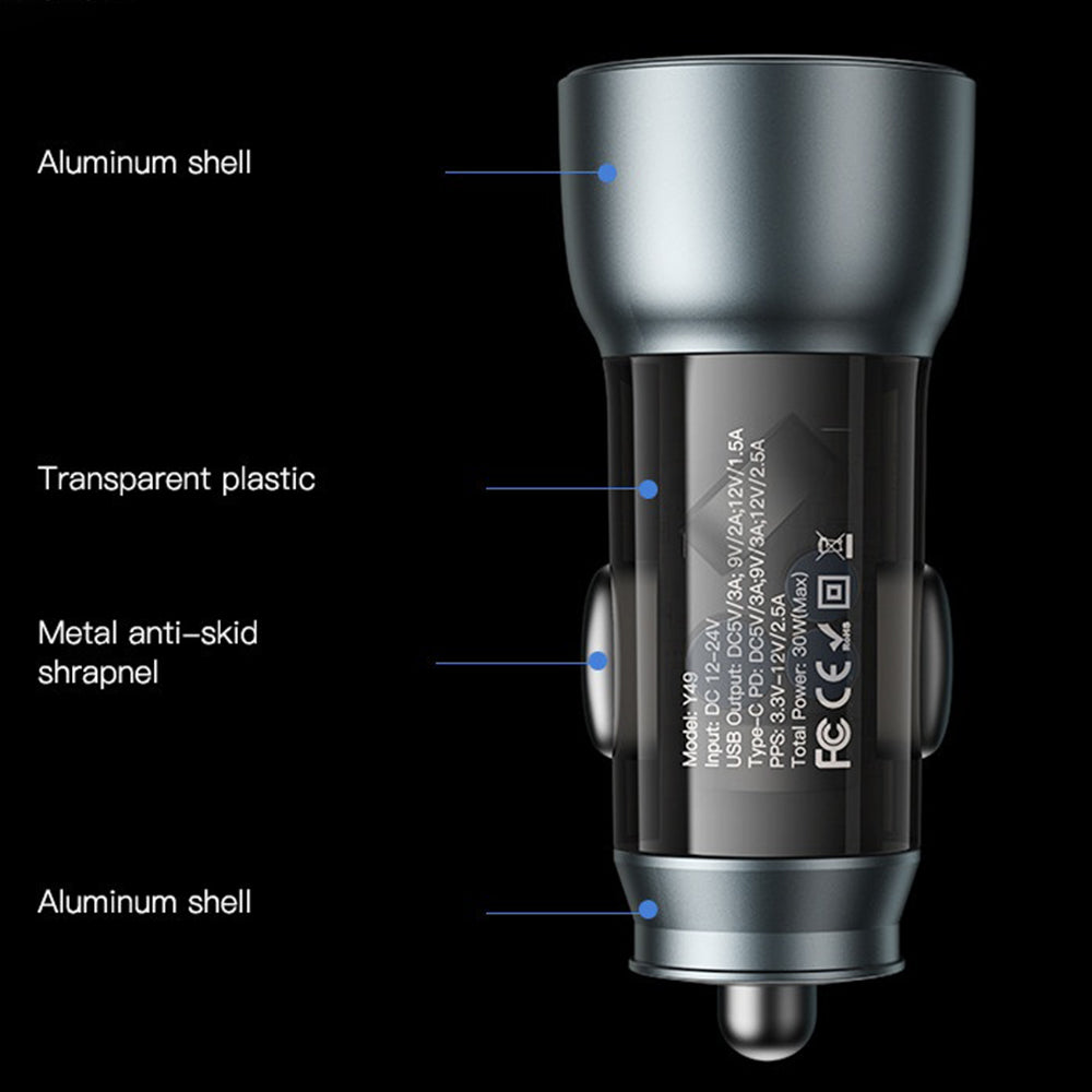 Autolader Yesido Y49, 30W, 3A, 1 x USB-A - 1 x USB-C, Grijs