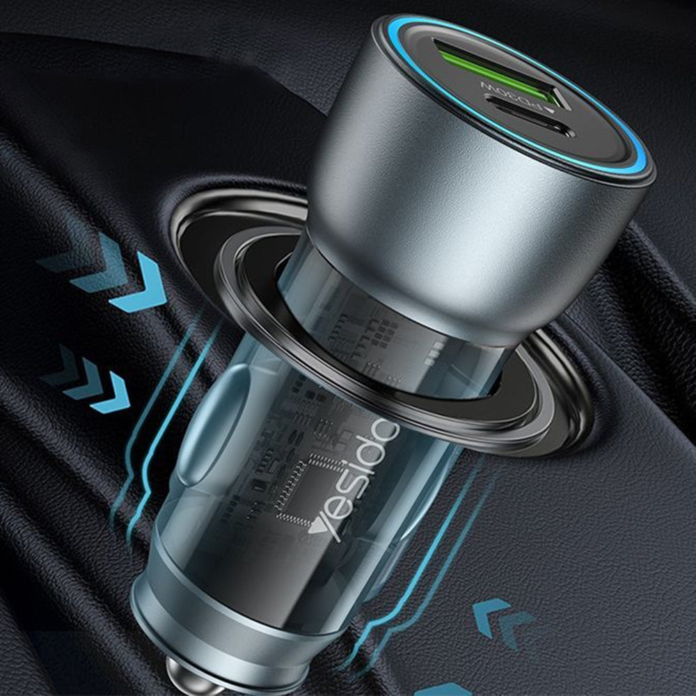 Autolader Yesido Y49, 30W, 3A, 1 x USB-A - 1 x USB-C, Grijs