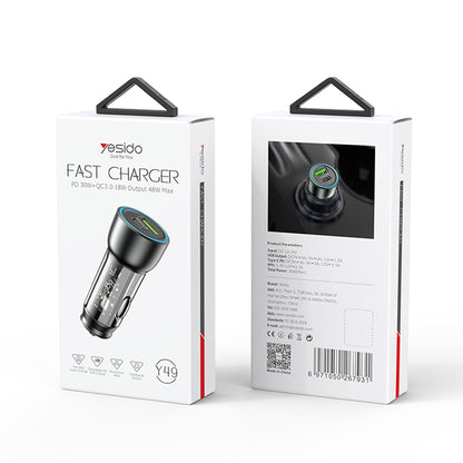 Autolader Yesido Y49, 30W, 3A, 1 x USB-A - 1 x USB-C, Grijs