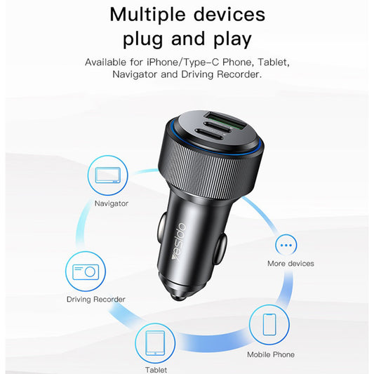 Auto-oplader Yesido Y50, 60W, 3A, 1 x USB-A - 2 x USB-C, Zwart