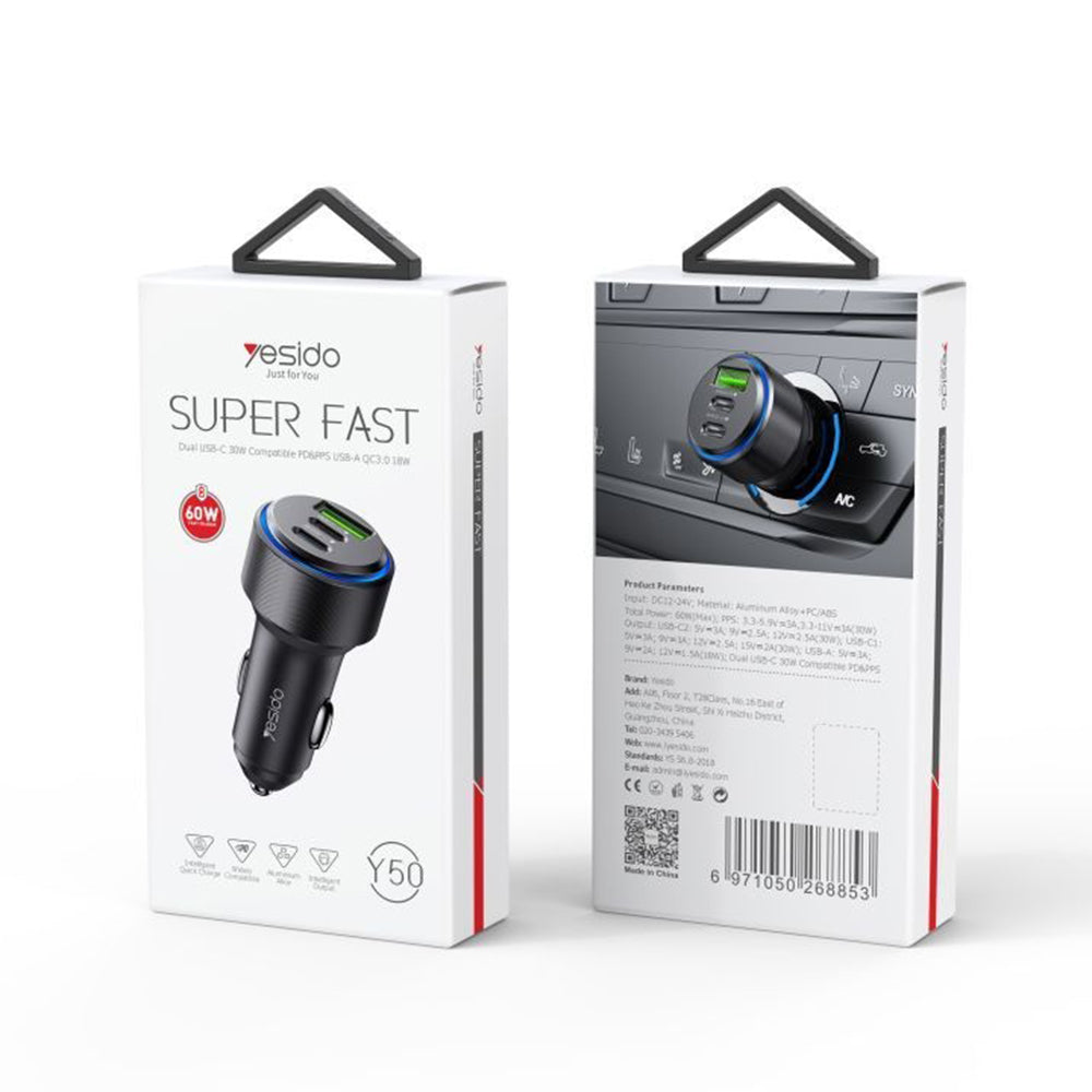 Auto-oplader Yesido Y50, 60W, 3A, 1 x USB-A - 2 x USB-C, Zwart