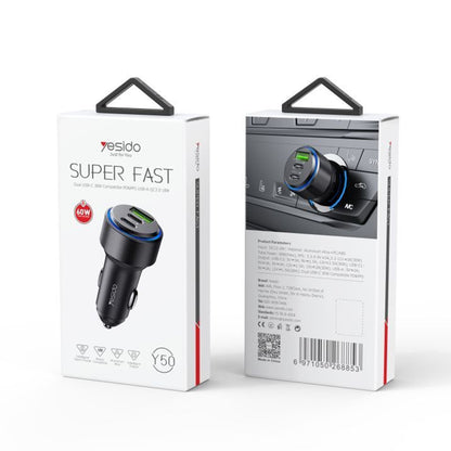 Auto-oplader Yesido Y50, 60W, 3A, 1 x USB-A - 2 x USB-C, Zwart