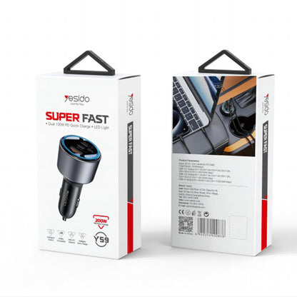 Autolader Yesido Y59, 200W, 5A, 1 x USB-A - 2 x USB-C, Zwart