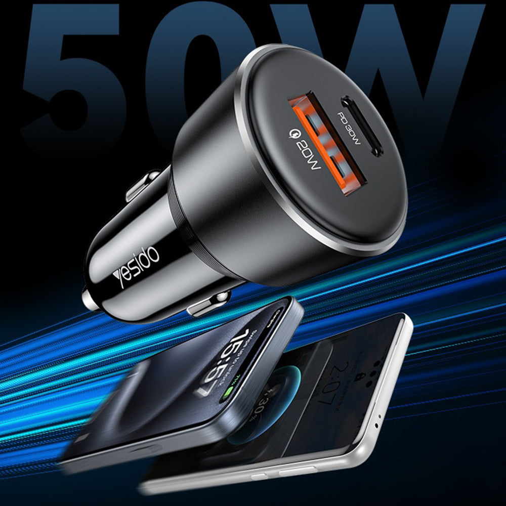 Autolader Yesido Y64, 50W, 3A, 1 x USB-A - 1 x USB-C, Zwart