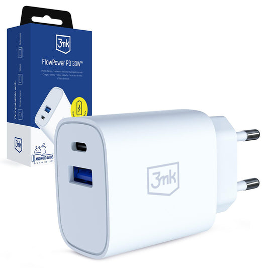 3MK FlowPower Netlader, 30W, 1 x USB-A - 1 x USB-C, Wit