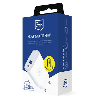 3MK FlowPower Netlader, 30W, 1 x USB-A - 1 x USB-C, Wit