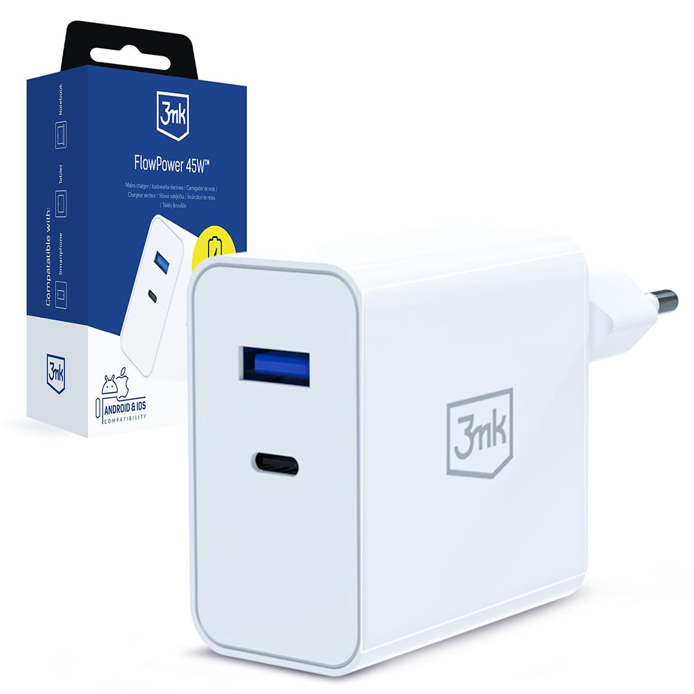 Netlader 3MK FlowPower, 45W, 1 x USB-A - 1 x USB-C, Wit