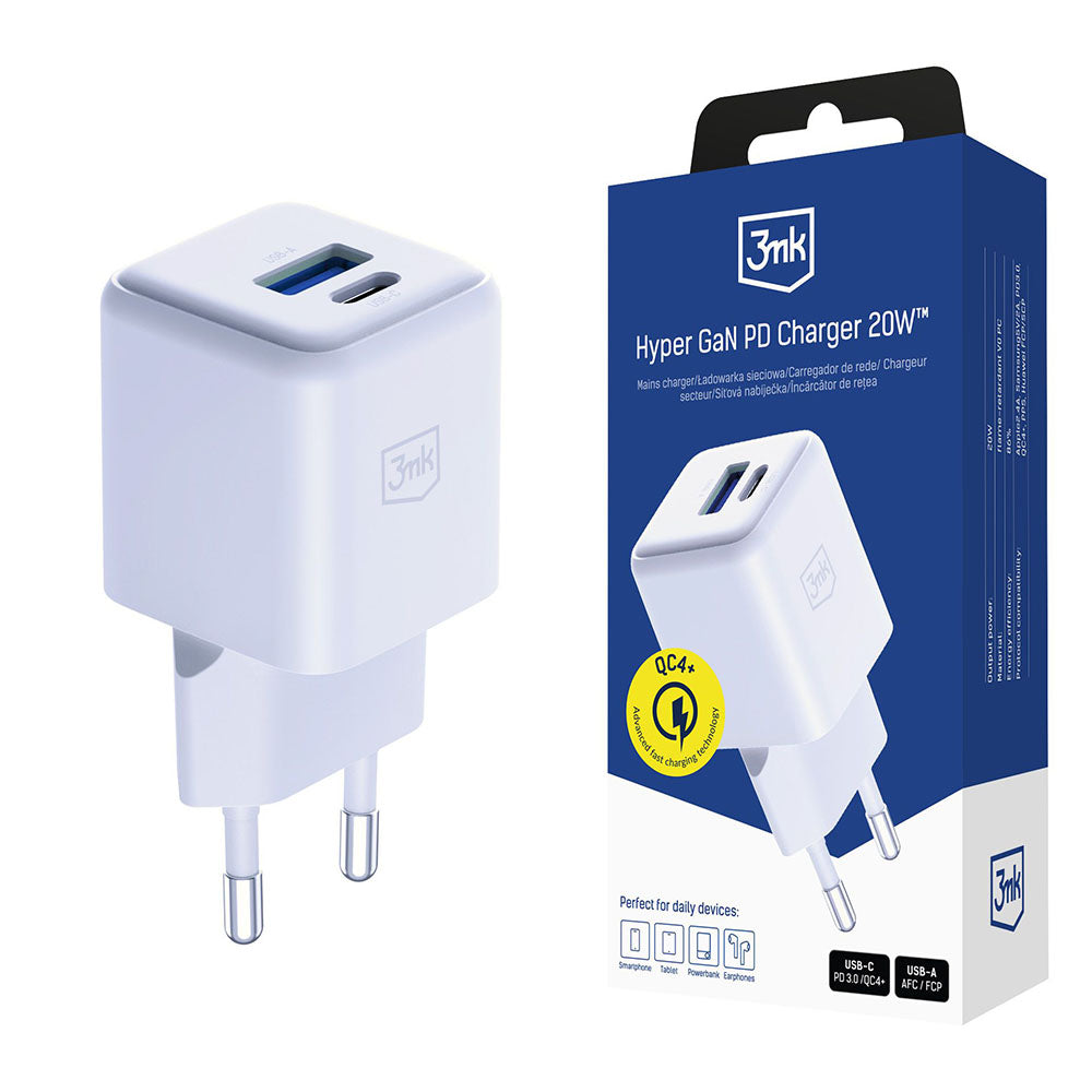 Netwerkoplader 3MK Hyper, 20W, 3A, 1 x USB-A - 1 x USB-C, Wit