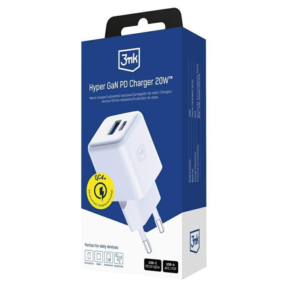Netwerkoplader 3MK Hyper, 20W, 3A, 1 x USB-A - 1 x USB-C, Wit