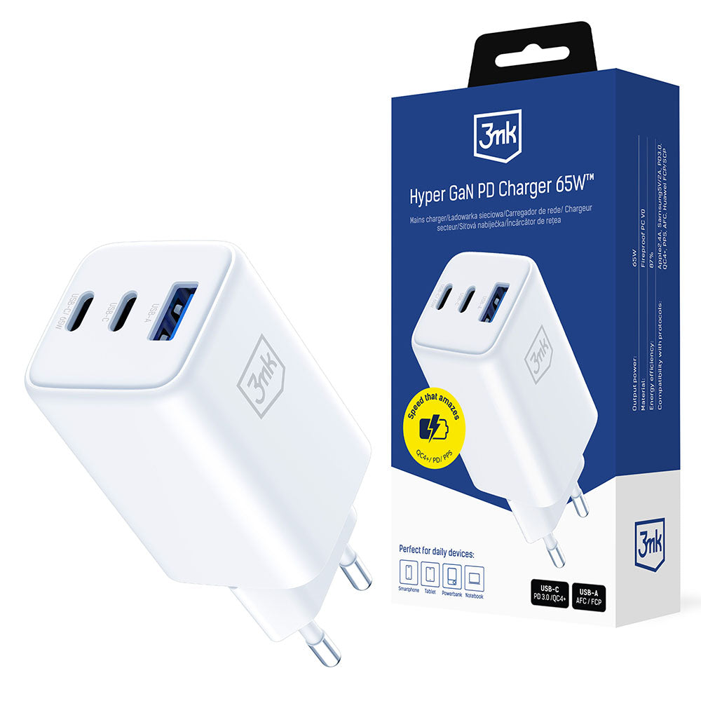 Netwerkoplader 3MK Hyper, 65W, 3.25A, 1 x USB-A - 2 x USB-C, Wit