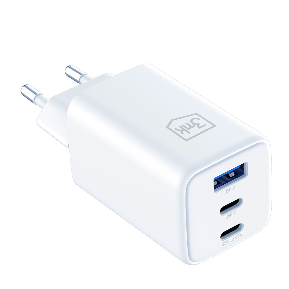 Netwerkoplader 3MK Hyper, 65W, 3.25A, 1 x USB-A - 2 x USB-C, Wit
