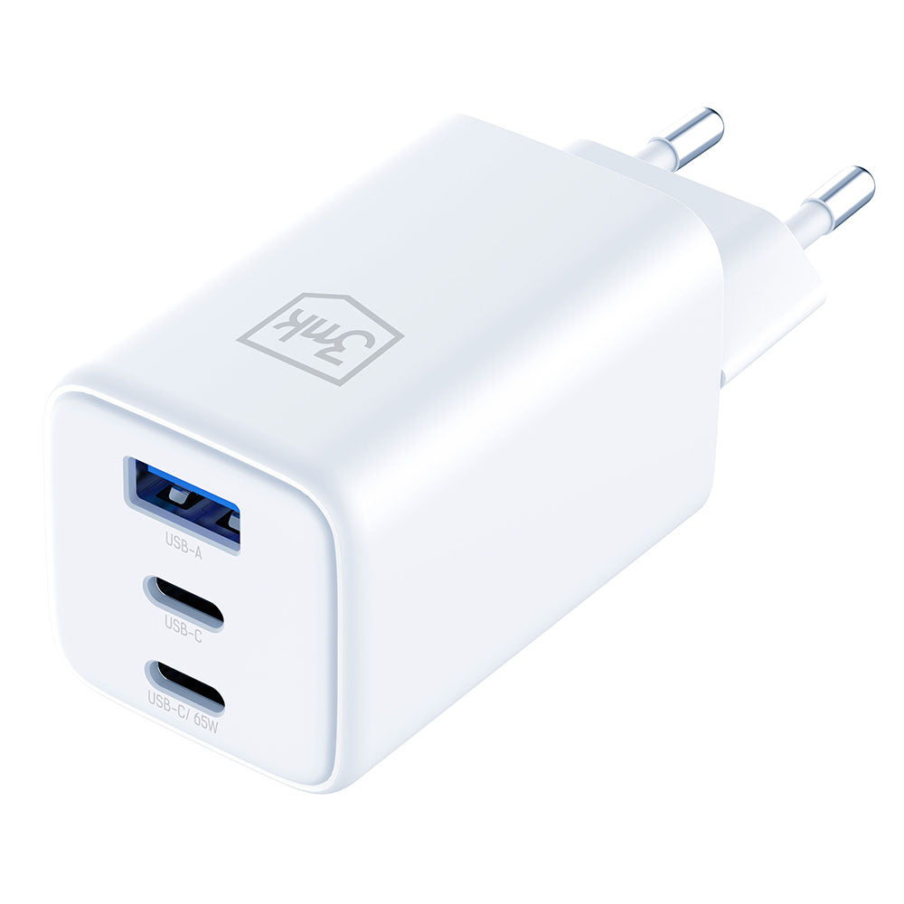 Netwerkoplader 3MK Hyper, 65W, 3.25A, 1 x USB-A - 2 x USB-C, Wit