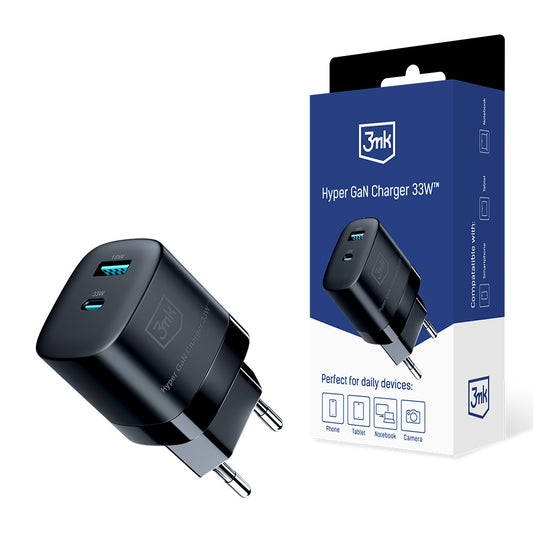 Network Charger 3MK HyperCharger GaN, 33W, 3A, 1 x USB-A - 1 x USB-C, Black 