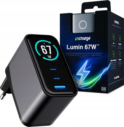 Netlader 3MK InCharge Lumin Display, 67W, 5A, 1 x USB-A - 2 x USB-C, Zwart