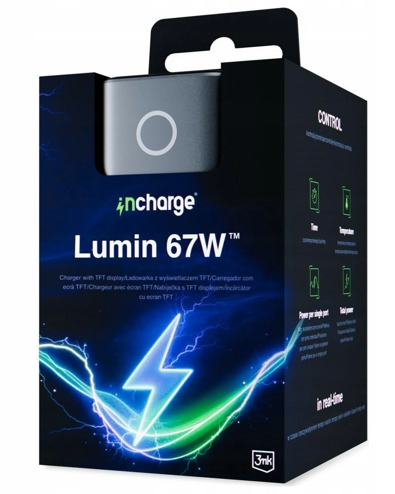 Netlader 3MK InCharge Lumin Display, 67W, 5A, 1 x USB-A - 2 x USB-C, Zwart