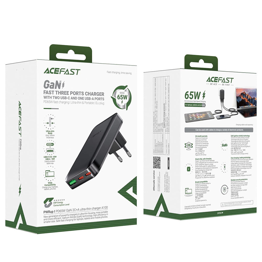 Netwerkoplader Acefast A100, 65W, 3.25A, 1 x USB-A - 2 x USB-C, Zwart