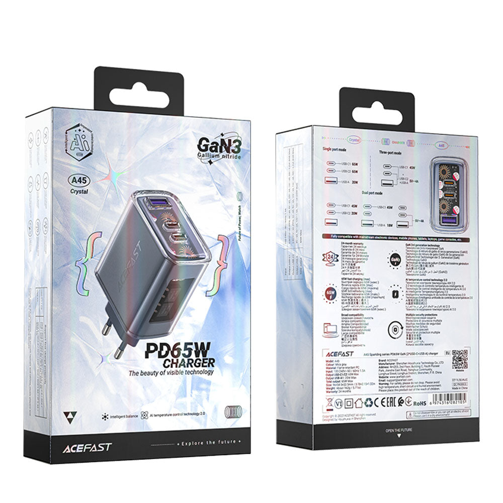 Acefast A45 Exploration Network Charger, 65W, 3.25A, 1 x USB-A - 2 x USB-C, Gray