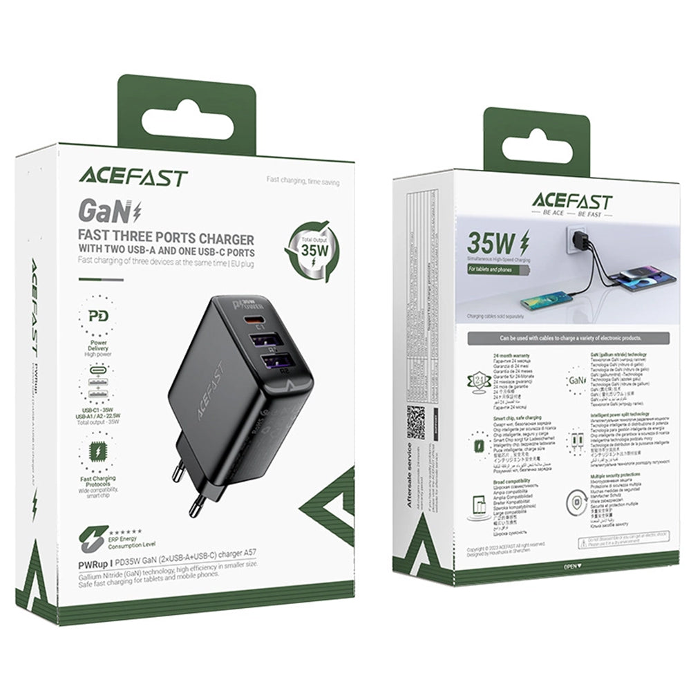 Acefast A57 Netwerkoplader, 35W, 3A, 2 x USB-A - 1 x USB-C, Zwart