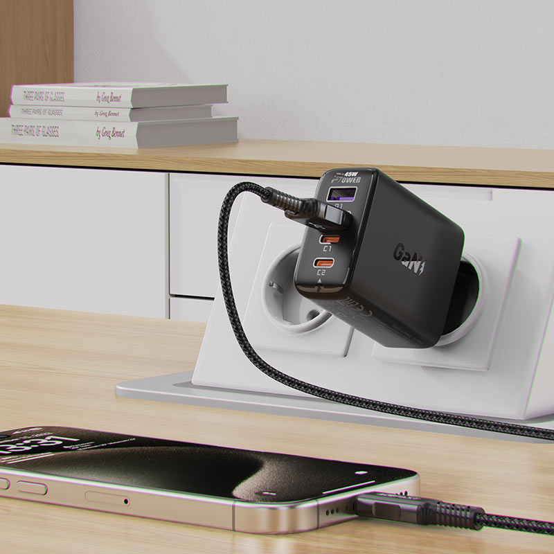 Acefast A61 Netlader, 45W, 3A, 2 x USB-A - 2 x USB-C, Zwart