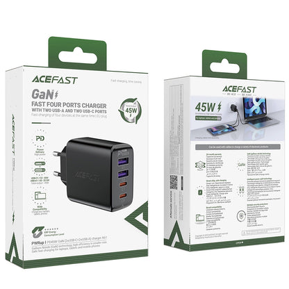 Acefast A61 Netlader, 45W, 3A, 2 x USB-A - 2 x USB-C, Zwart