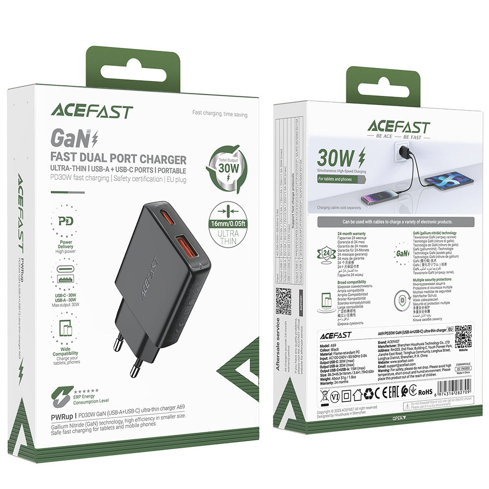 Netwerkoplader Acefast A69, 30W, 3A, 1 x USB-A - 1 x USB-C, Zwart